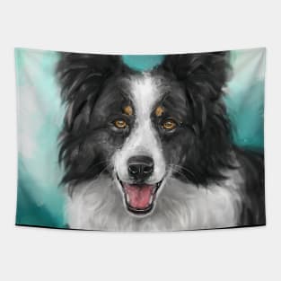 Painting of a Smiling Black and White Border Collie Dog on a Turquoise Background Tapestry