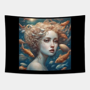 Young Woman Portrait Underwater with Sea Wildlife Tapestry