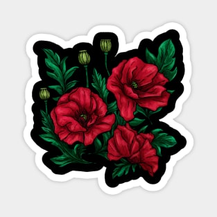 Decorative red and green poppies flowers on black Magnet