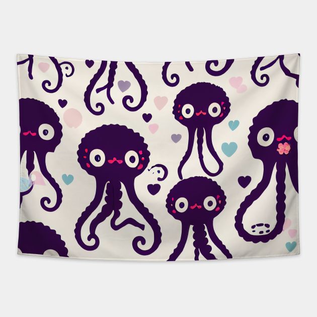 Purple Octopuses Forever and Hearts - Super Cute Colorful Cephalopod Pattern Tapestry by JensenArtCo