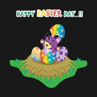 Happy easter's day, Bunny easter, Mr. Purple bear in Bunny easter costume with easter egg, Bunny easter, Bunny hatch from easter egg, cute bear, teddy bear lover, purple bear T-Shirt