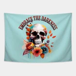 Embrace The Darkness Gothic Halloween Floral Skull Tapestry