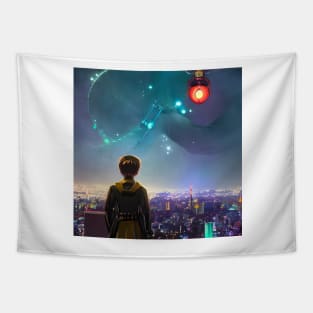 Warrior Looking at Spaceship Flying in Tokyo Japan Tapestry