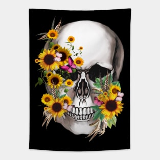 Floral Skull sunflowers and butterflies Tapestry