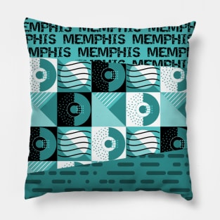 Turquoise Blue 80s Memphis Style Geometric Abstract Checked Postmodern Design Pillow