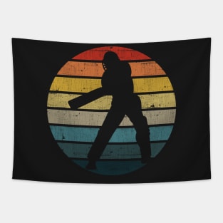 Cricket Player Silhouette On A Distressed Retro Sunset graphic Tapestry