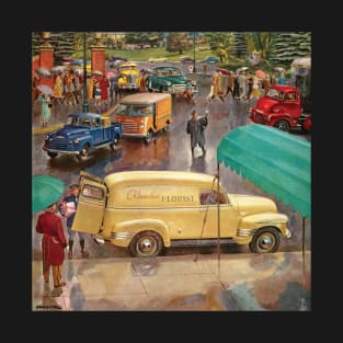 Vintage Cars in City Traffic with Pedestrians T-Shirt