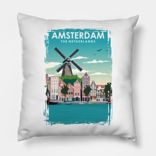Amsterdam Holland Windmill Travel Poster Pillow