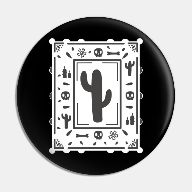 Día De Los Muertos - black skull - cactus - white - Papel Picado Pin by Scriptnbones