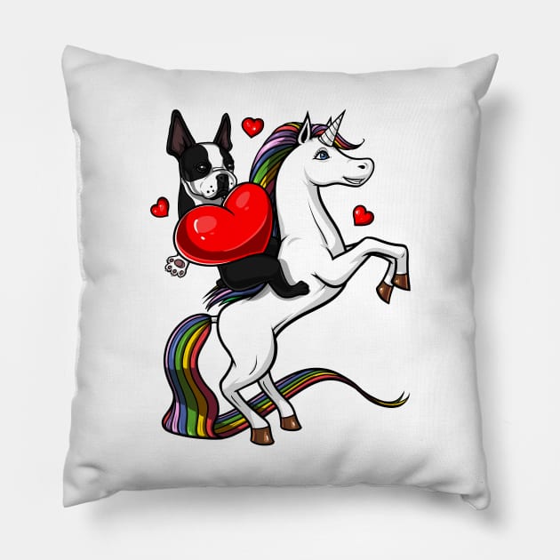 Boston Terrier Dog Riding Unicorn Pillow by underheaven