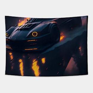 Dark Neon City Sports Car Tapestry