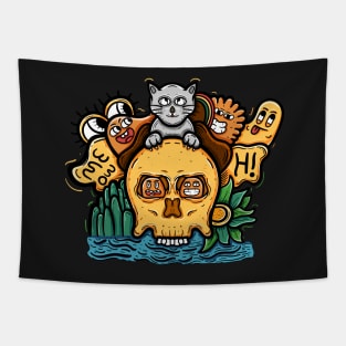 Cat with skull head doodle style Tapestry