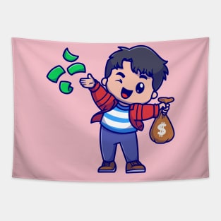 Cute Rich Boy Throws Money Cartoon Tapestry