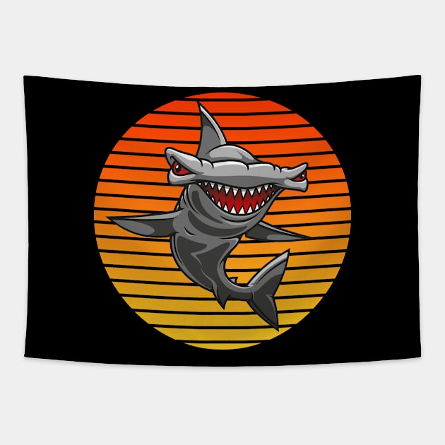 Funny Cartoon Hammerhead Shark on Vintage Sunset Tapestry by Grove Designs