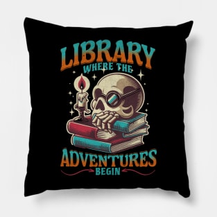 Library Adventures Begin Skull Bookworm Reader Book Lover Pillow