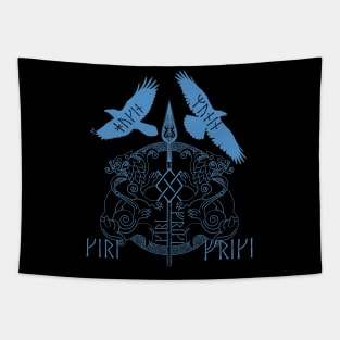 Odin Spear Viking Wolf Raven Gungnir Runes Blue Tapestry