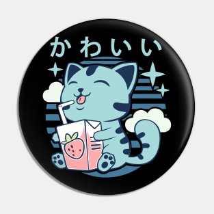 Kawaii Aesthetics Japanese Strawberry Milk Shake かわいい Cat - Blue - Strawberry Milk Pin