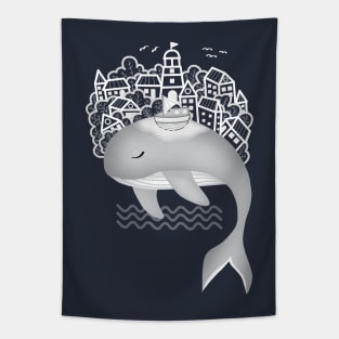 Whale carries a town on his back Tapestry