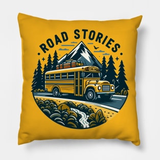 School Bus On An Adventurous Road Trip, Road Stories Pillow