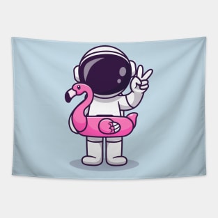 Cute Astronaut Wearing Flamingo Tires And Peace Sign  Cartoon Tapestry