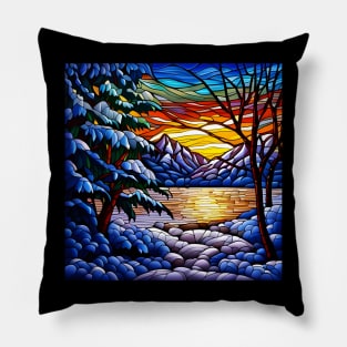 Stained Glass Snowy Winter Scene Pillow