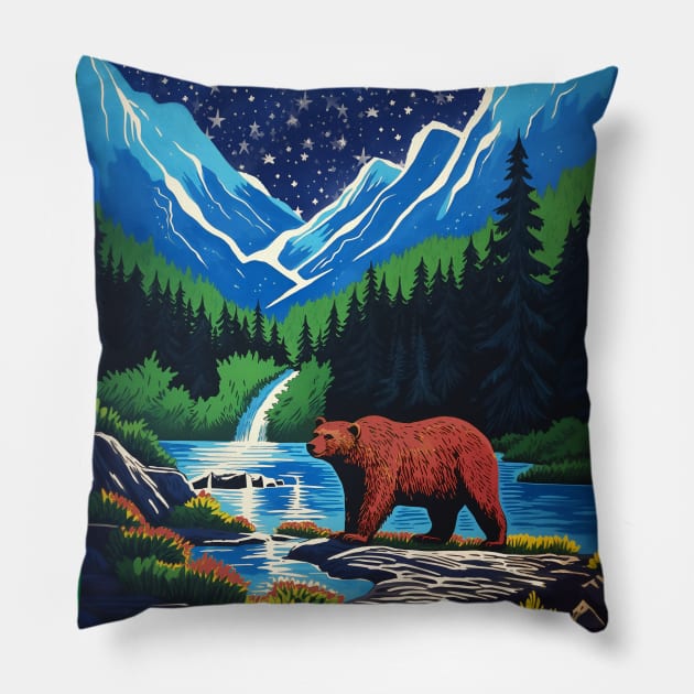 Grizzly Bear Mountains Lake Trees Stars in the Night Sky Pillow by Pine Hill Goods