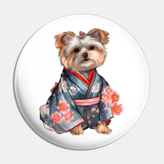 Yorkshire Terrier Dog in Kimono Pin by Chromatic Fusion Studio