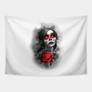 Day of the Dead Girl Red Makeup and Rose Pencil Sketch Tapestry