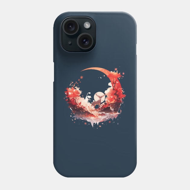 Peaceful deer in autumn momiji moon scene Phone Case by Myanko