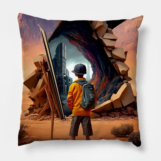 Wonderment a Time Travel Odyssey: A Journey to a Dystopian Future on a Dark Background Pillow by Puff Sumo