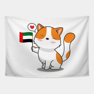 Cute Cat Holding Uae Flag Tapestry