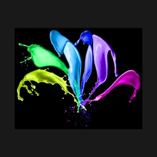 cool paint splash design black background yellow blue purple green T-Shirt