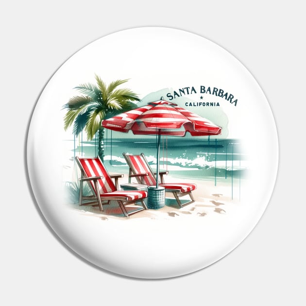 Santa Barbara Vintage Watercolor Beach Scene - California Travel Pin by Retro Travel Design