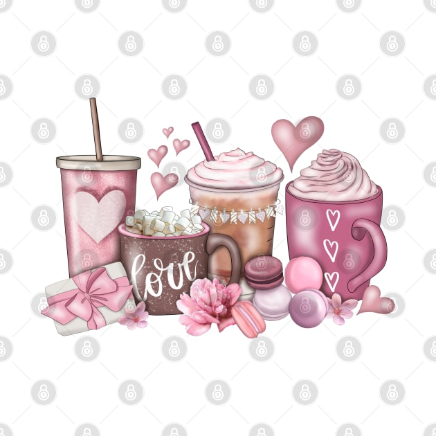 Coffee Valentine, Valentines Day, Hand Drawn, Valentine, Coffee Lover, Pink Coffee cups by Saraahdesign