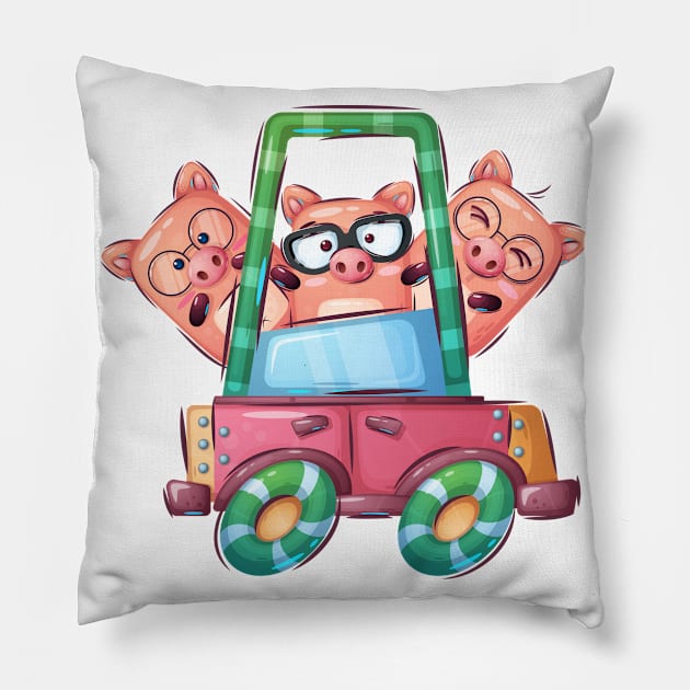 Funny 3 family Pigs in a car cartoon Pillow by GiftsRepublic