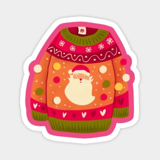 Cute Christmas sweater with Santa Claus and pom-poms. Colorful holiday illustration. Magnet