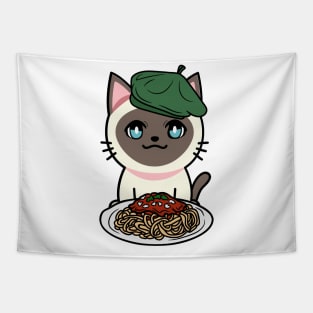 Cute siamese cat eating spaghetti Tapestry