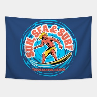 Vintage Sun, Sea & Surf Todos Santos, Mexico // Retro Surfing // Surfer Catching Waves Tapestry