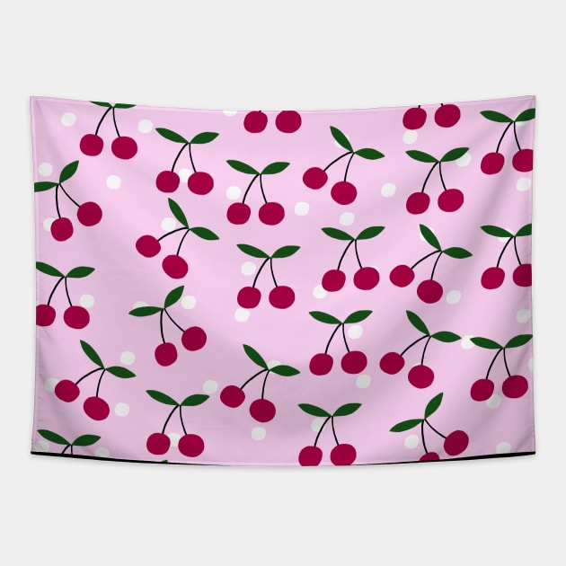 Cute Cherry Pattern on Pink Background Tapestry by kapotka