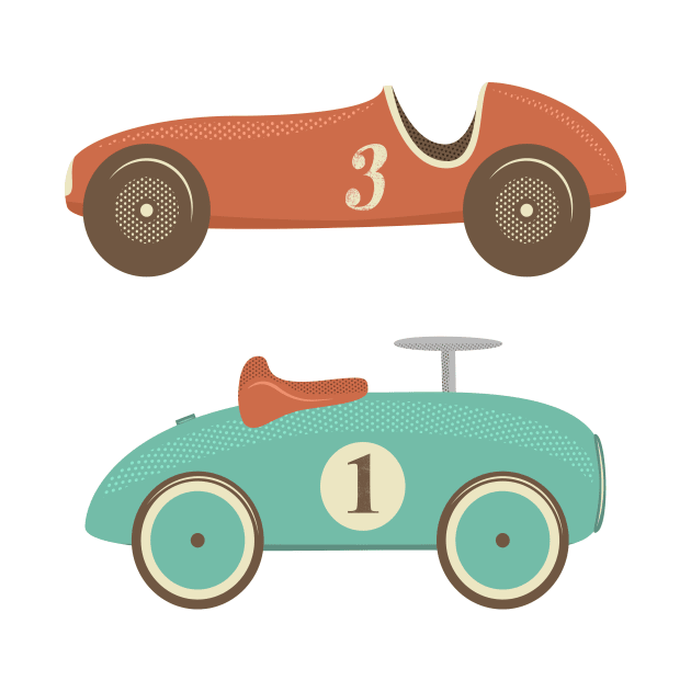 Retro toy racing cars with numbers one and three by TinyFlowerArt