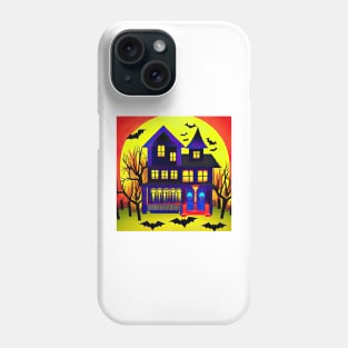 Spooky Blue Haunted Mansion With Bats and Full Moon Colorful Illustration Phone Case