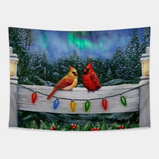 Cardinal Birds and Christmas Lights Tapestry