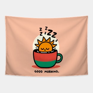 Sunny Morning: Adorable Sleepy Sun in a Coffee Cup Illustration Tapestry