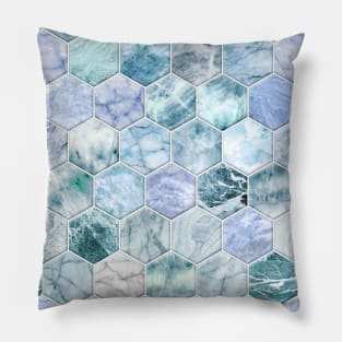 Ice Blue and Jade Stone and Marble Hexagon Tiles Pillow