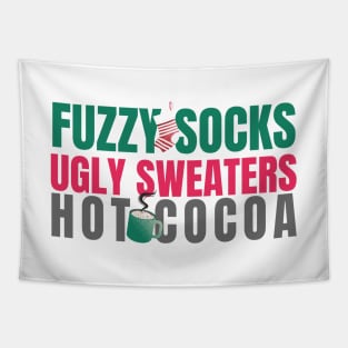 Christmas Themed Fuzzy Socks, Ugly Sweaters, Hot Cocoa Winter Quote Tapestry