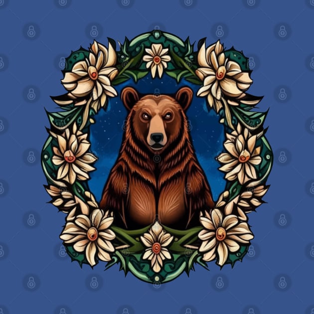 A Brown Bear Surrounded By Bitterroot Montana State Tattoo Art by taiche