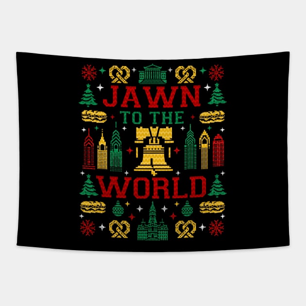 Funny Philly Fan Philadelphia Ugly Christmas Jawn to the World Tapestry by TeeCreations