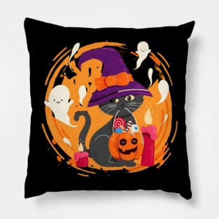 Catoween Halloween Cat Pumpkin And Candles Pillow