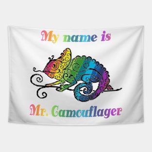 Colorful Chameleon Design with Mosaic Stripes and Rainbow Title "My Name is Mr. Camouflager" Tapestry