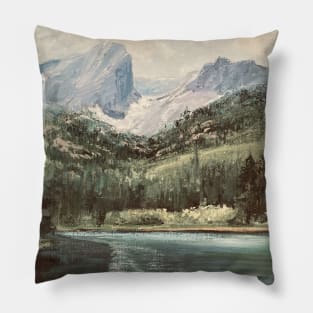 Mountain Vintage Oil on Canvas Lake Painting Pillow